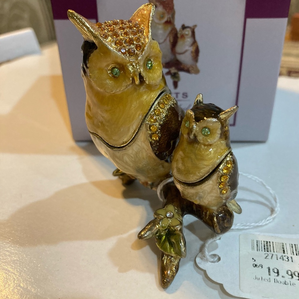 NWT Vintage Jeweled Double Owl Trinket Box in Original Box from Cracker Barrel